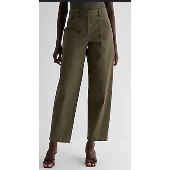 EXPRESS HIGH WAISTED CROPPED UTILITY TROUSER PANTS OLIVE GREEN 14 LONG NWOT - Picture 1 of 8